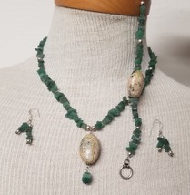 3 pc Set Green Chip Moss Agate Marble Stone 18&quot; Necklace 7&quot; Bracelet Earrings - $39.60