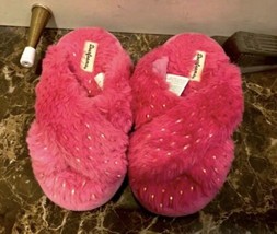 Dearfoams Slip On Shoes Ava Faux Fur Sparkle Pink Crossband Slipper Girls 9 - £6.14 GBP