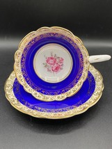 Royal Stafford Tea Cup &amp; Saucer white bone china royal blue, gold, red r... - $24.08