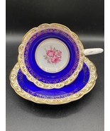 Royal Stafford Tea Cup &amp; Saucer white bone china royal blue, gold, red r... - £18.96 GBP