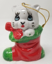 Cat in Stocking Christmas Ornament Blue Eyes Bow Small Ceramic 1970s Vintage - £12.06 GBP