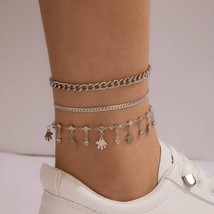 Fashion Palm Pendant Rhinestone Chain Anklet 3 Piece Chain Set of Summer Jewelry - £12.39 GBP