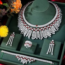 18k White Gold Filled CZ Choker Necklace Bracelet Ring Ruby Red Jewelry Set - £227.76 GBP