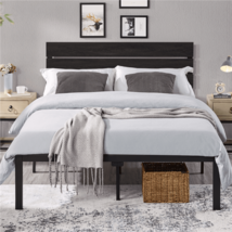 Metal Bed Frame With Wooden Headboard, Black Oak, Full - £202.08 GBP