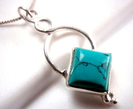 Turquoise Pendant Square under Infinite Hoop 925 Sterling Silver New - £7.40 GBP