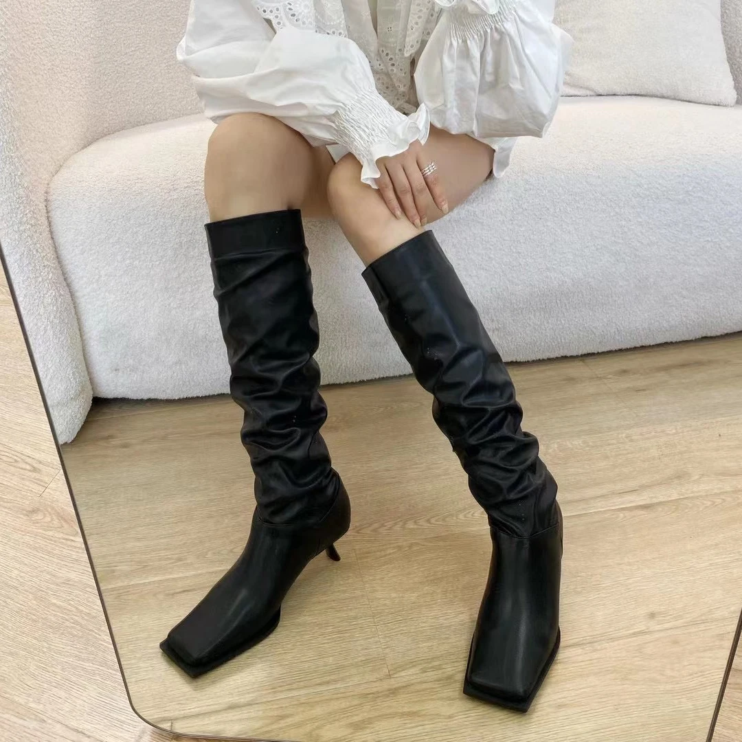 Square Toe Women Knee High Boots Square Toe Chelsea Booties Thin Mid Hee... - £222.20 GBP
