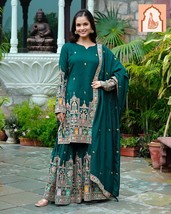 Green Pure Chinnon Silk Top-Sharara Set with Intricate Embroidery - $60.00