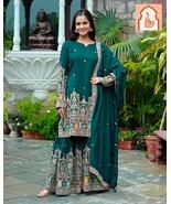 Green Pure Chinnon Silk Top-Sharara Set with Intricate Embroidery - $1,129.41 MXN