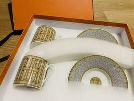 Hermes Mosaique Au 24 Demitasse Cup and Saucer 2 set gold espresso coffe... - £443.76 GBP