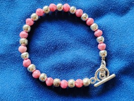 925 Sterling Silver 6 Mm Pink Beaded Toggle Link 7.5 In Bracelet Free Sh... - $736.23 MXN