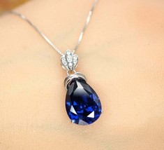 3Ct Pear Cut Sapphire Tear Drop Simulated Pendant 14K White Gold Plated Silver - £142.43 GBP