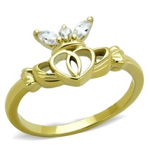 Gold Plated Filigree Heart Claddagh Ring Clear CZ Stainless Steel TK316 - £12.50 GBP