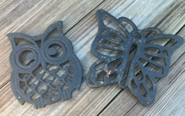 Two Vintage Owl and Butterfly Cast Iron Trivets Made In Taiwan - £8.96 GBP