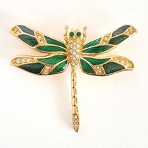 Green Enamel Rhinestones Dragonfly Brooch Excellent Condition Gold Tone Pin 2” - £11.76 GBP