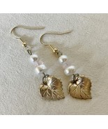 Leaf Beaded Earrings Handcrafted Silver Tone Metal White Faux Pearl Pier... - $39.39 CAD