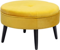 Homebeez 23&quot; Round Velvet Footrest Stool, Upholstered Ottoman, Glassy Yellow. - £78.28 GBP