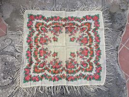 White floral woolen scarf, vintage square headscarf with fringe, Eastern... - $40.00