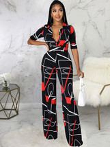 Aesthetic Print Chic Turn Down Collar Half Sleeve Wide Leg Jumpsuit - £44.83 GBP