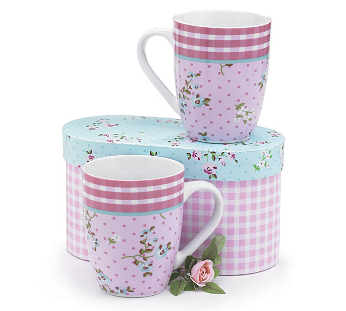 SHABBY N SOME CHIC CAPRICE GINGHAM  PINK AND WHITE FLORAL PORCELAIN MUG SET OF 2 - $55.00