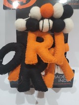Halloween TRICK OR TREAT Wool Black Orange Ball Garland 6FT Mantel home ... - £26.03 GBP