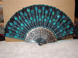 FAN #2 ( SMALL HAND TYPE FAN WITH SEQUINS ) BLUE AND BLACK - £6.12 GBP