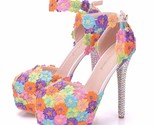 Olor lace flower bridal shoes high heel round toe wedding pumps ankle straps women thumb155 crop