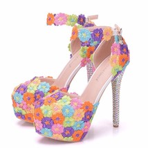 Multicolor Lace Flower Bridal Shoes High Heel Round Toe Wedding Pumps Ankle Stra - £66.55 GBP