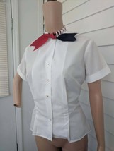 60s White Blouse Patriotic Nautical Vintage Casual Short Sleeve S M 36 Bust - £19.34 GBP