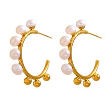 Stainless Steel Natural Pearl Stud Earrings High Quality Metal Golden France for - £10.78 GBP