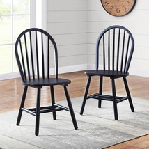 Set 2 Windsor Dining Chairs Solid Black Finish Wood High Back Kitchen Furniture - £191.40 GBP