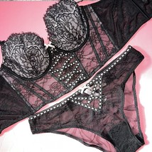Victoria&#39;s Secret longline XL 38D/36DD BRA SET XXL panty BLACK lace Pink Ribbon - £63.07 GBP