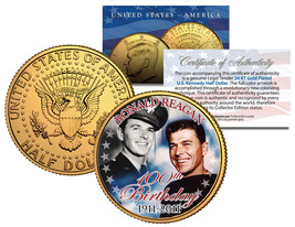 RONALD REAGAN *100th Birthday* 1911-2011 JFK Half Dollar 24K Gold Plated US Coin - £6.88 GBP