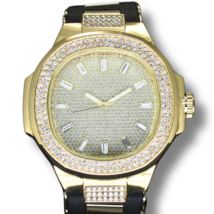 Men&#39;s 2 Row Big Face Bezel Iced up 46mm CZ Gold Plated Silicone Band Watch - £19.26 GBP