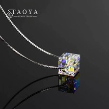 Aurora Candied Colorful Three-Dimensional Square Pendant Silvery Necklace 2022 F - £12.59 GBP