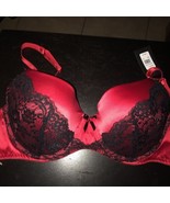 NWT Frederick&#39;s of Hollywood SZ 34F Red w/ Black Lace Trim Padded Underw... - $21.77