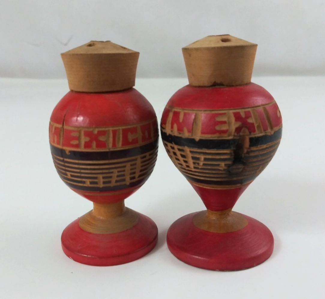 Vintage Wooden Hand Carved Painted Pedestal Mexico 2.75&quot; Salt &amp; Pepper S... - $7.75