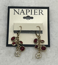 Napier Gold Tone Bezel Set Faux Red Stone Clear Rhinestone Drop Dangle Earrings - $15.80