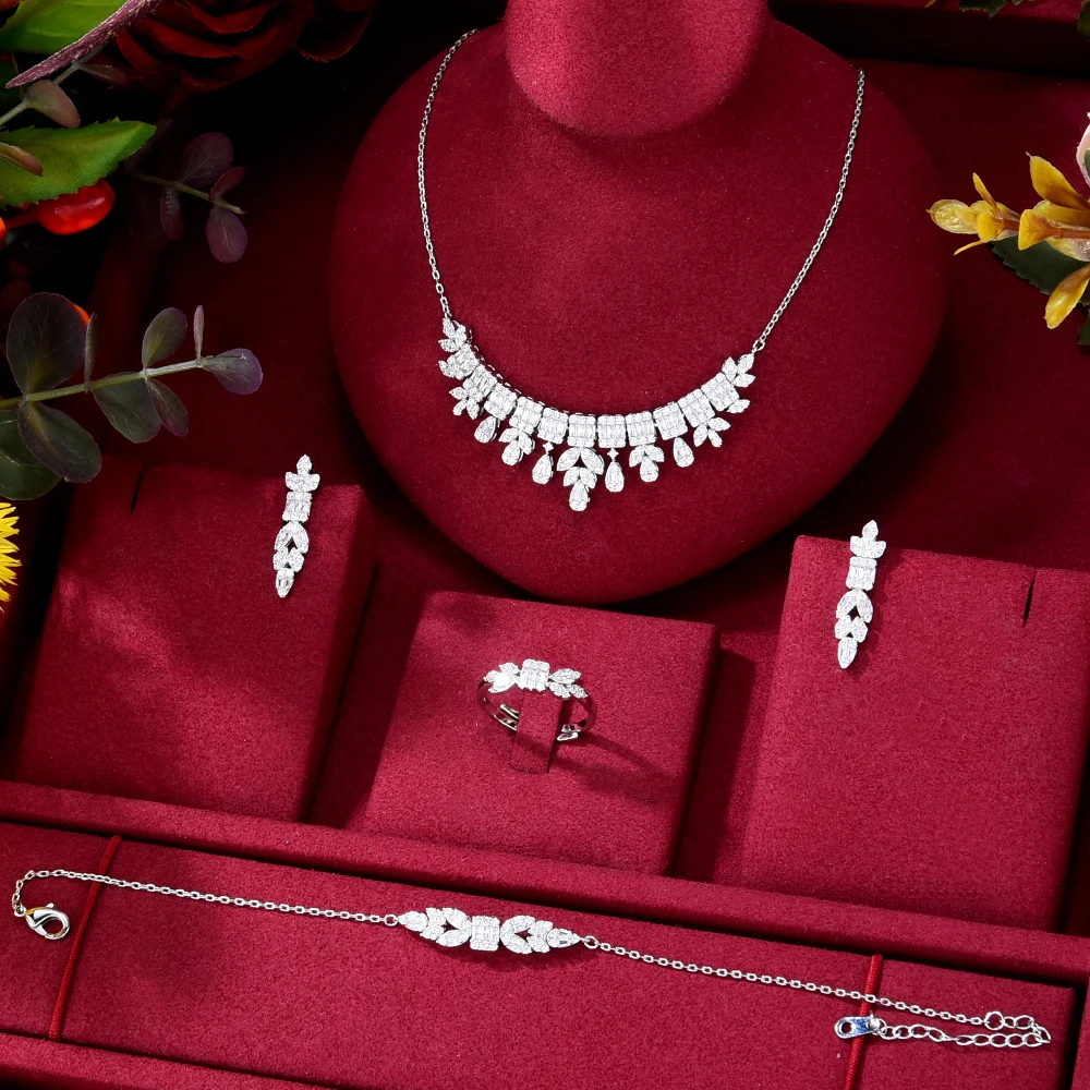 Square flower Charms 4PCS Bracelet Ring Necklace Earring Set For Women Wedding P - $56.21