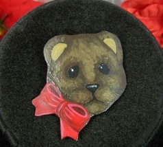 Painted TEDDY BEAR Vintage Christmas Brooch Big Red BOW Artist Signed 1989 - £11.94 GBP