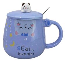 Blue Calico Cat Love Star Coffee Mug Cup With Spoon And Kitten Knob Lid ... - $18.99