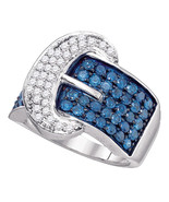 10k White Gold Womens Round Blue Color Enhanced Diamond Belt Buckle Ring... - £1,064.26 GBP