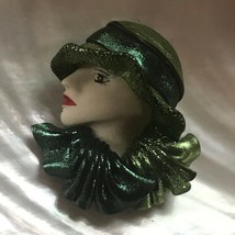 Estate Painted Porcelain Lady Head with Green Metallic Plastic Hat &amp; Scarf Pin B - $15.79