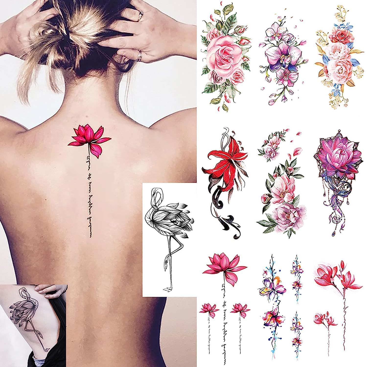 Ooopsi 10 Sheets Large Flower Temporary Tattoos - Sexy Body Tattoo Sticker for