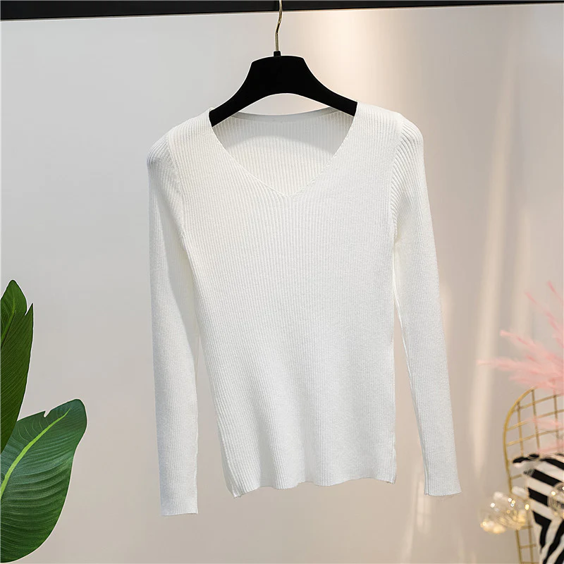White Autumn And Winter V-neck Knitted Long-sleeved Slim - $35.60