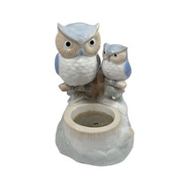 Colonial Candle Two Blue and White Owls Mother &amp; Baby Ceramic Candle Holder 6&quot; - £10.50 GBP