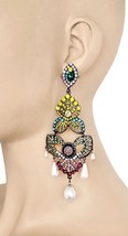 4.75&quot; Long Oversized Party Filigree Earrings Multicolor Rhinestones Faux Pearls - £16.51 GBP