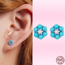 Bamoer 100% 925 Silver Simple Turquoise Flower Piercing Ear Stud Earrings for Wo - £17.28 GBP