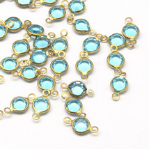 10 Connector Links Glass Charms Blue Glass Connectors Brass 2 Hole Gold - $5.36