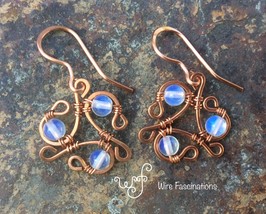 Handmade copper earrings: small infinity triangle with opal beads - £27.91 GBP