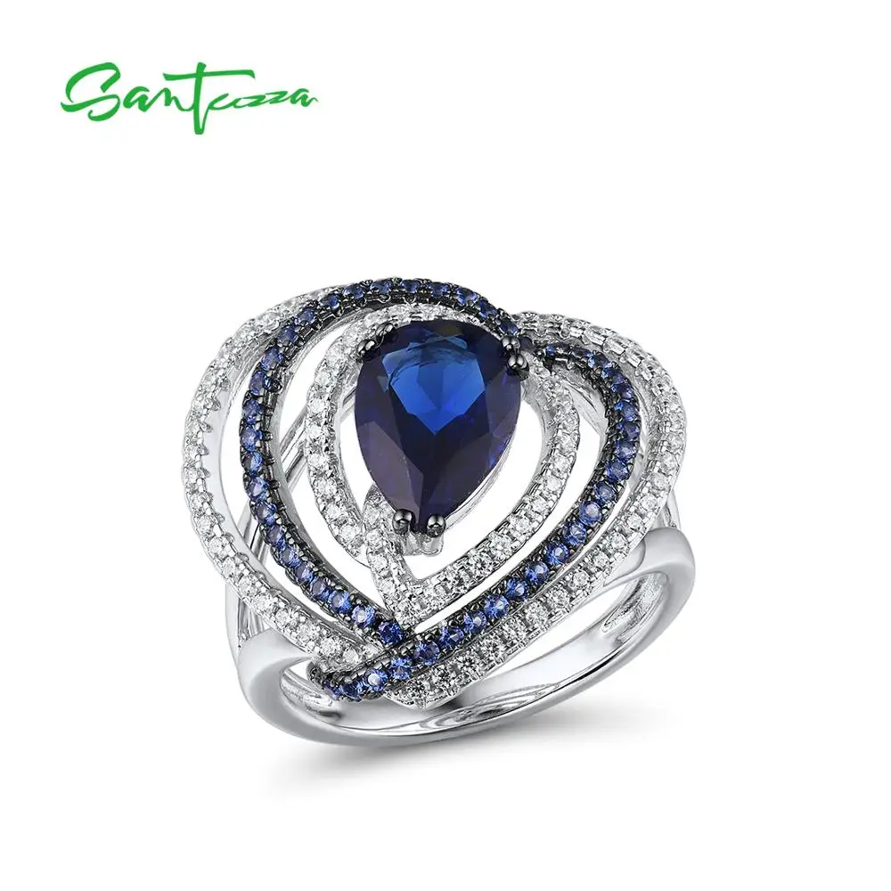 SANTUZZA Silver Ring For Women Pure 925  Silver Heart Sparkling Blue Stones Tren - £45.36 GBP